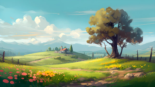 Illustration of a country landscape in spring. Generative AI