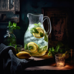  A rustic pitcher filled with homemade lemonade, captured in a stunningly cinematic shot that showcases the handcrafted ice cubes and the sprig of fresh mint garnish, perfectly illuminated by accent l