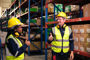 Group of Industrial workers working at warehouse factory.
