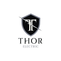 thor electric logo template vektor letter T with shield and Electric icon