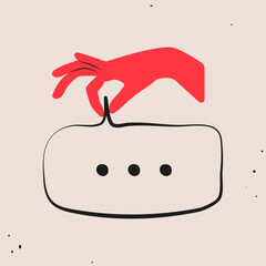 Red hand holding message speech bubble, flat cartoon style hand drawn illustration. Advertising, fashion, text message.