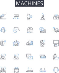 Machines line icons collection. Gearworks, Automatons, Mechanisms, Contraptions, Robotics, Engines, Apparatuses vector and linear illustration. Instruments,Devices,Tools outline signs set