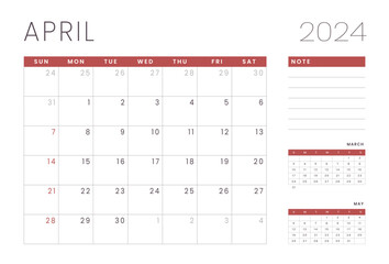 Monthly Calendar Template of april 2024. Vector layout of a wall or desk simple calendar with week start sunday