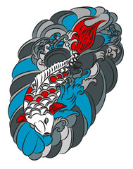Beautiful line art Koi carp tattoo design ,colorful koi fish and flower. Idea for tattoo and coloring books.
