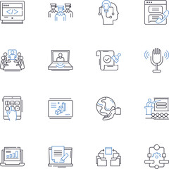 News outlet line icons collection. Current, Informative, Breaking, Editorial, Investigative, Up-to-date, Insightful vector and linear illustration. Comprehensive,Reliable,Credible outline signs set