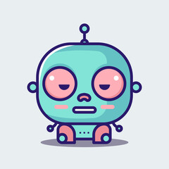Cute kawaii green robot with happy and fun emotions. Glowing details. On white a background.