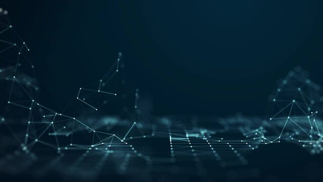 Abstract concepts of cybersecurity technology and digital data protection. Protect internet network connection with polygons, dots and lines with dark blue background, center focus, side blur.