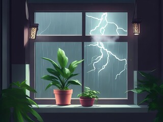 Potted Plants on a Window Sill in a Stormy Environment is Digitally Lofi Style Painted. Generative AI.
