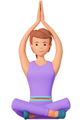 3d woman character sitting in lotus pose and doing yoga exercise front view. Young woman doing relaxing yoga meditation exercise 3d illustration