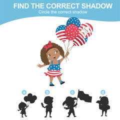 4th of July find the correct shadow for kids. Find the shadow of a cute little girl holding balloons with American flag designs. America Independence Day edition. Vector illustrations file.
