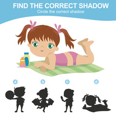 Obraz na płótnie Canvas Summer theme find the correct shadow for kids. Find the shadow of a cute little girl laying on the beach mat for sunbathing during the summertime. Vector illustrations file.
