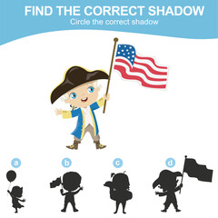 4th of July find the correct shadow for kids. Find the shadow of the 1st president of USA George Washington holding the Flag of America. America Independence Day edition. Vector illustrations file.