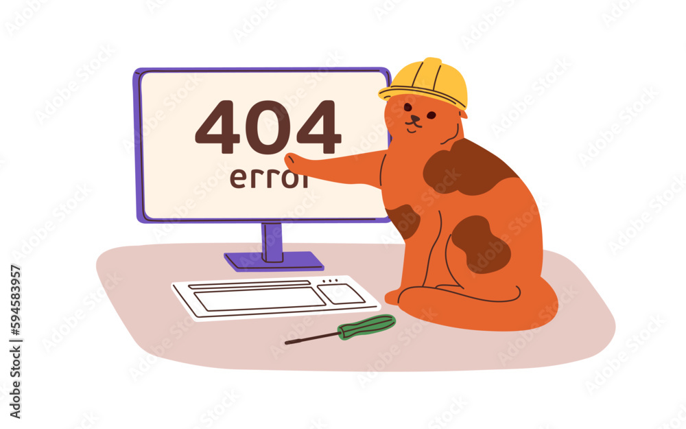 Poster 404 error, page not found, wrong website design with cute cat. Webpage failure, internet connection trouble, technical problem concept. Flat graphic vector illustration isolated on white background
