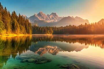 Naklejka na ściany i meble Beautiful Sunrise at Eibsee Lake with Zugspitze Mountain Range , ai generated