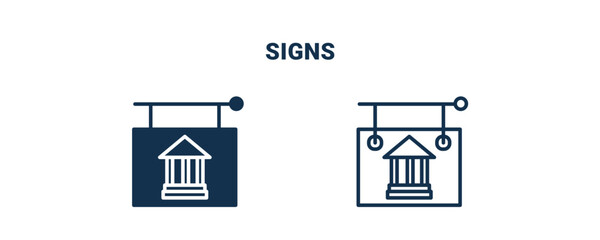 signs icon. Outline and filled signs icon from museum and exhibition collection. Line and glyph vector isolated on white background. Editable signs symbol.