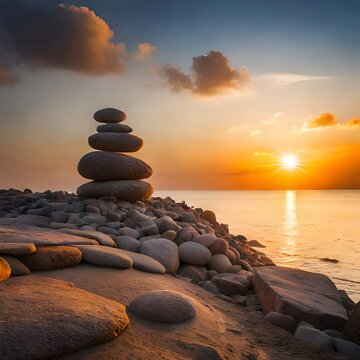 Meditation mit der Natur. Steine &uuml;bereinander bei Sonnenuntergang. Generative AI