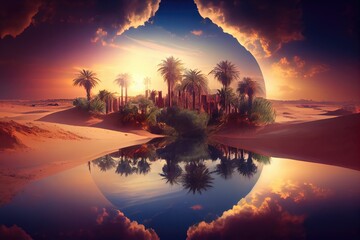 oasis with view of the sunset, with clouds and sky beautifully illuminated, created with generative ai