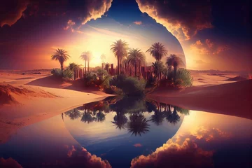 Gordijnen oasis with view of the sunset, with clouds and sky beautifully illuminated, created with generative ai © primopiano