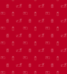 Seamless pattern with a white line pattern of gifts on a red background. Holiday boxes with bows. Festive pattern for fabric, wrapping paper, childrens clothing. Vector illustration.