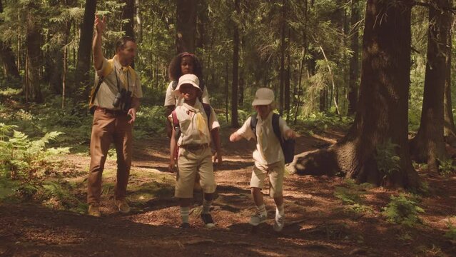 Multiethnic group of children in scout uniform and their leader hiking in forest together on sunny day exploring area