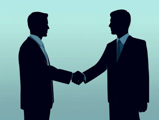 two business people shaking hands in front of an abstract sky