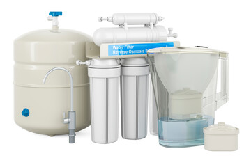Pitcher water filter with reverse osmosis system, 3D rendering - obrazy, fototapety, plakaty