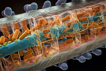 close-up of cell membrane, with key proteins and transport mechanisms visible, created with generative ai