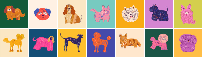 Huge colourful cartoon vector collection with cute dogs. Vector set of different dog breeds.