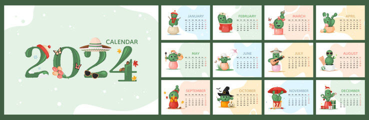 Calendar 2024 template, cute colorful cactus plant characters design. Week start On Monday, planner, stationary, wall calendar. Vector illustration