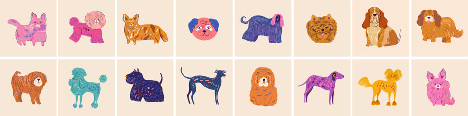 Obraz premium Huge colourful cartoon vector collection with cute dogs. Vector set of different dog breeds.