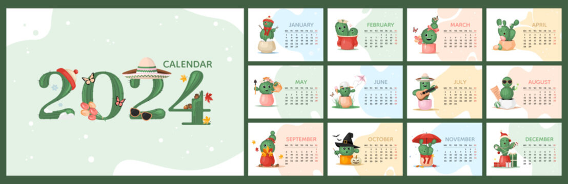 Calendar 2024 template, cute colorful cactus plant characters design. Week start On Monday, planner, stationary, wall calendar. Vector illustration