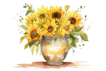 Graphic No T-shirt vector, Design a watercolour painting of a vase filled with beautiful abstract yellow and cream sunflowers with a white background