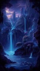 A purple and blue waterfall at night Generative Ai