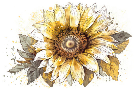 Graphic No T-shirt vector, Using watercolours, depict a close-up of a single beautiful abstract yellow and cream sunflower with a white background