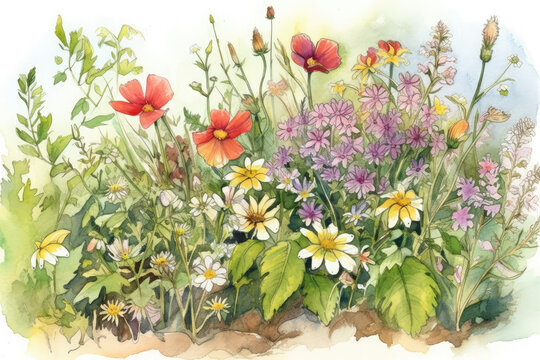 Paint a charming watercolor illustration of a small garden of colorful wildflowers, with intricate details and textures