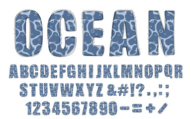 Ocean trendy alphabet. Hand drawn doodle font with underwater ocean pattern. Modern Uppercase letters, numbers and punctuation marks. For poster, banner, T shirt design. Vector illustration