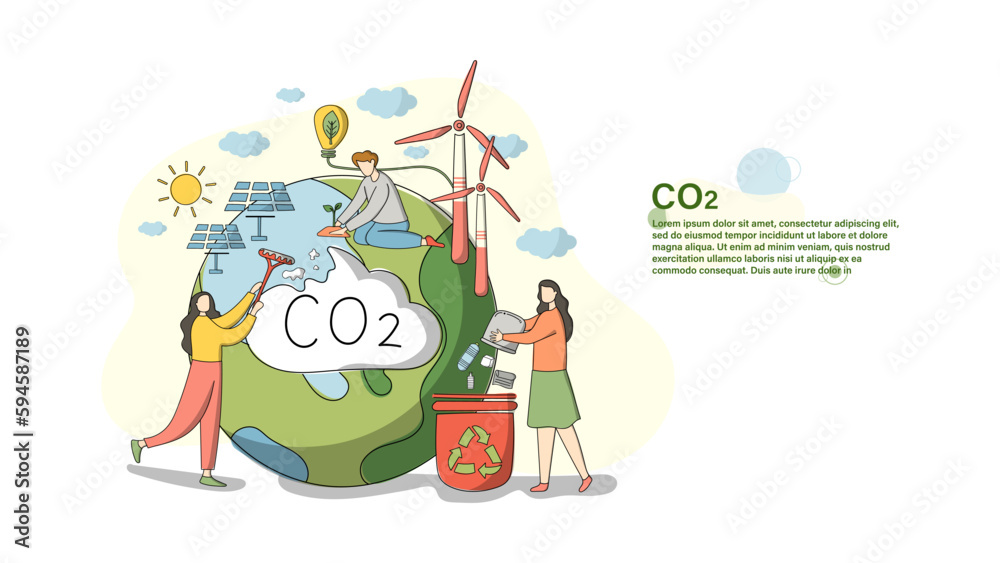 Fototapete reduce carbon dioxide emissions to limit global warming and climate change. characters collecting pl