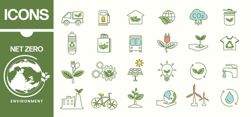 NET ZERO banner icons set, carbon neutral and net zero concept. Net zero greenhouse gas emissions target. Climate neutral long term strategy with green net zero line icon. Vector illustration.