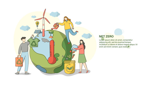 NET ZERO banner set, carbon neutral and net zero concept. Net zero greenhouse gas emissions target. Climate neutral long term strategy sustainable development. Vector illustration.