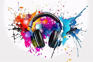 Dj headphones with colorful smoke and paint coming of it in a vivid paint explosion on a white background. Music and sound. Generative AI.