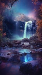 Fototapeta na wymiar A purple and blue waterfall at night Generative Ai