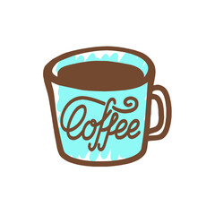 Hand drawn cup of coffee in turquoise color with coffee calligraphy text on the cup, vector