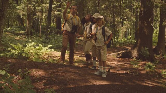 Full length shot of adult Caucasian male scouter showing diverse group of kids around summer forest, talking about plants and trees growing there