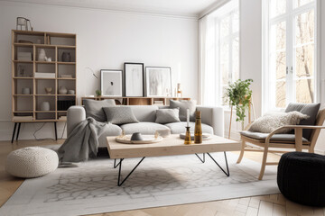 Fototapeta na wymiar A sofa, light, and white walls make for a bright and cozy modern living room, mockups, generative AI
