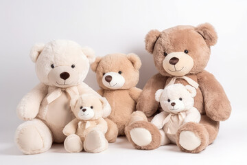 group of teddy bears on white background, generative AI
