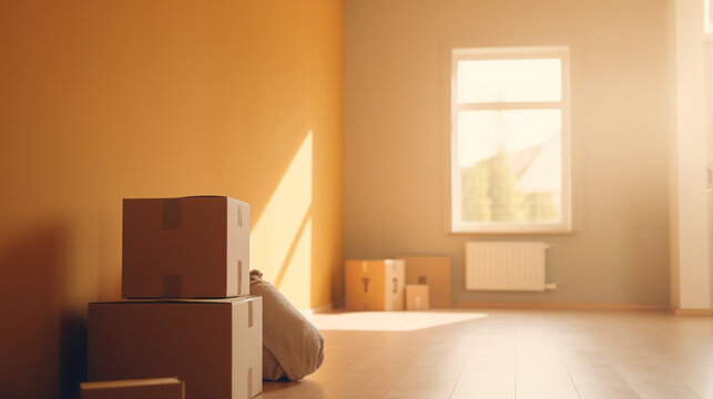 Clean empty room with stack of cardboard boxes, moving into a new house concept. Indoor empty interior background. AI generative image.