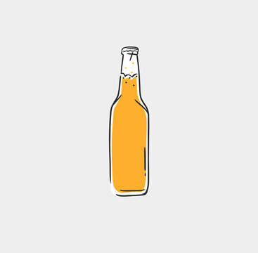 Hand drawn vector abstract graphic line illustration with beer glass bottle isolated .Vector outline beer illustration sketch drawing. Vector beer glass bottle isolated icon element design concept.