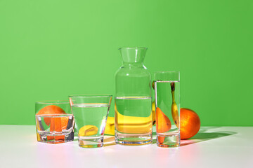 Nutrients, vitamins. Still life with fresh fruits banana, orange and carafe with water on table...