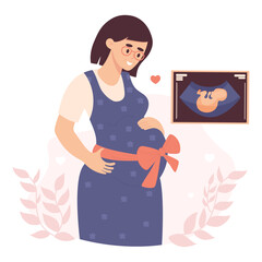 Happy pregnant adult woman and first ultrasound photo of her child. Vector illustration. Cute future mother with bow on her tummy in flat cartoon style.