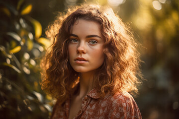 Portrait of a young beautiful woman in the forest summertime.